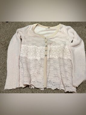 Free People Pale Pink Lace-Panel Knit Cardigan